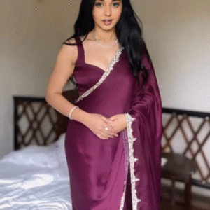 Ready-to-Wear Wine Satin Silk Saree | Luxurious Draping with Effortless Elegance